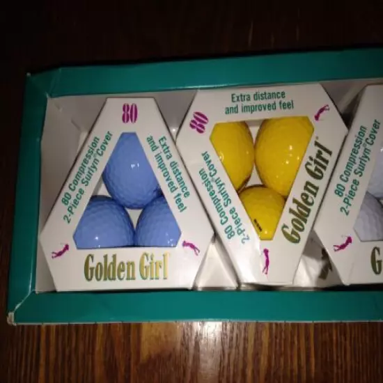 Vintage triangular packages Golden Girl golf balls old logo NIB 