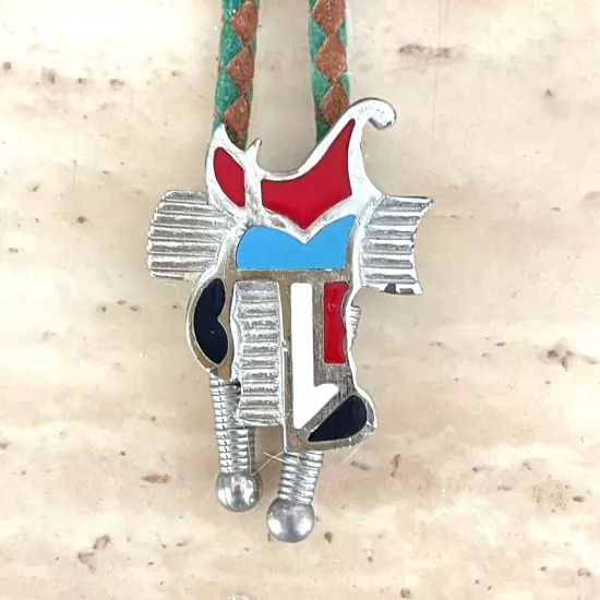 Silver Toned Saddle Bolo Tie with Red, Blue and Black Enamel Inlay