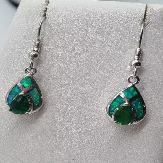 Beautiful Opal & Emerald Stamped 925 Earrings 