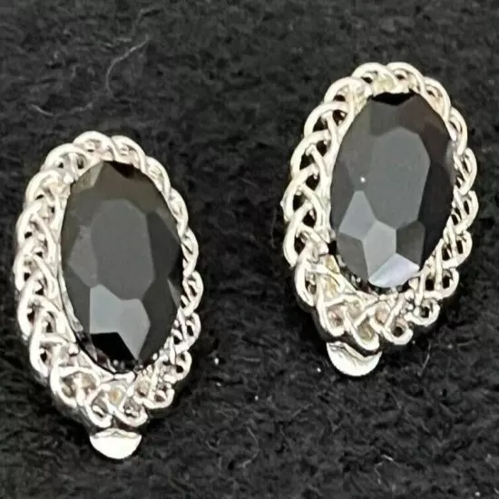 E21 Large Black Oval Crystal Silvertone Clip Earrings