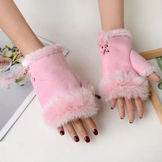 Womens Winter Warmer Fingerless Gloves Faux Rabbit Fur Suede Wrist Solid Mittenღ