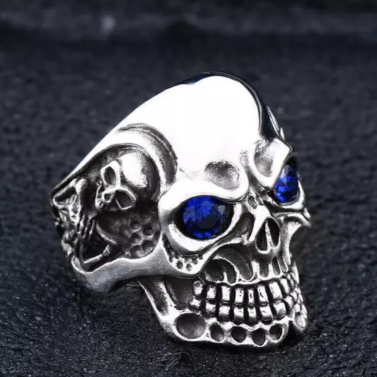 Blue CZ Eye Evil Skull Ring Vintage Stainless Steel Men's Gothic Skull Punk Ring