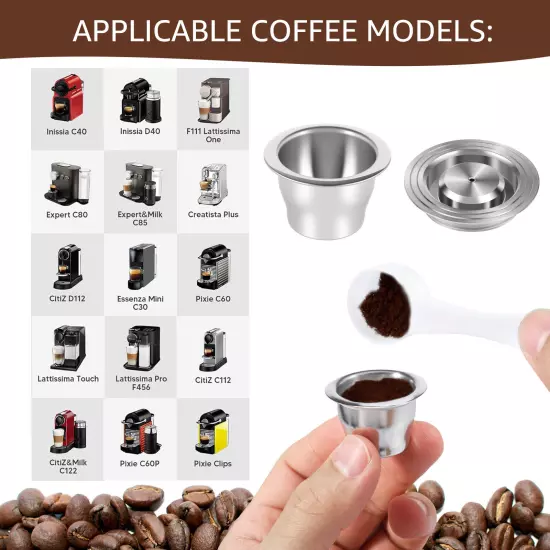 Espresso Capsules 304 Stainless Steel Refillable Coffee Pods with Brush Spoon€