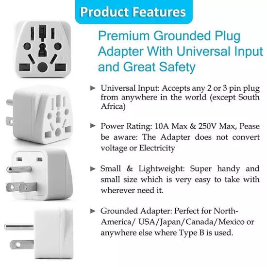 US Travel Plug Adapter EU/UK/AU/In/CN/JP/Asia/Italy/Brazil to USA (Type B)