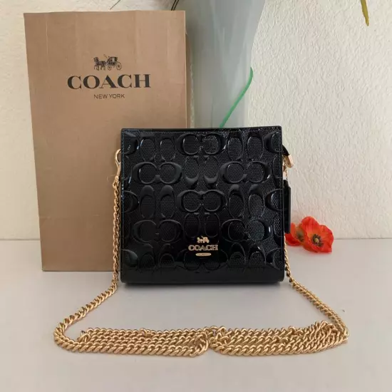 NWT COACH CV407 Slim Crossbody Bag in Signature Patent Leather Black