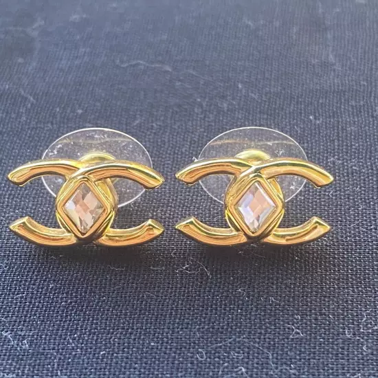 Chanel Gold Crystal Classic CC Earrings 