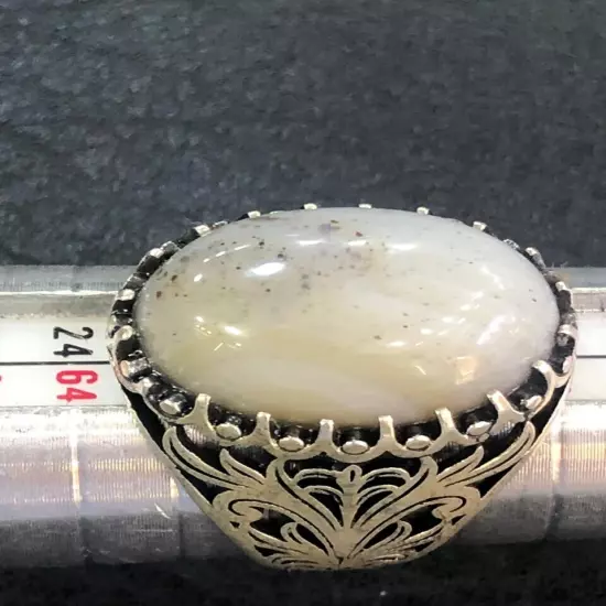 Royal Men Ring 925 Silver Yemen Agate Aqeeq خاتم عقيق يمني ابيض