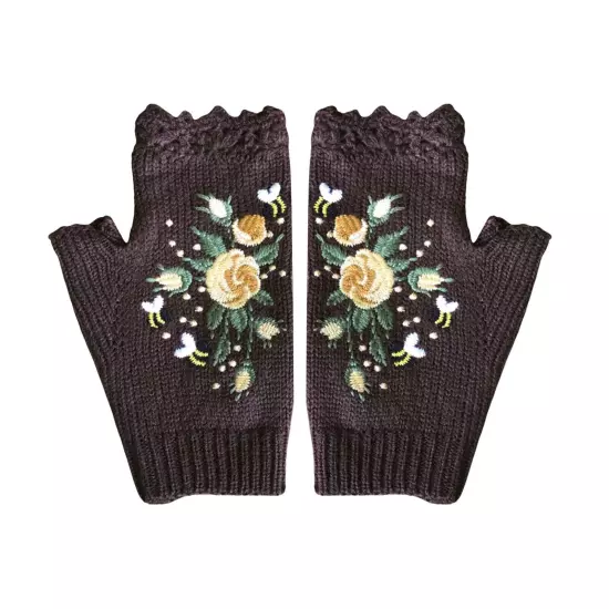 Women Handmade Embroidery Gloves Knit Gloves Flower Gloves Hand Knit Fingerless