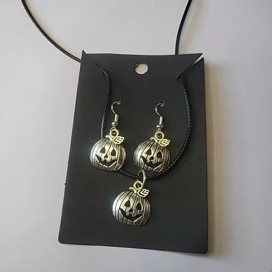 Halloween Jack-o-lantern Earrings And Necklace Set With 925 Hooks, 20" Black 