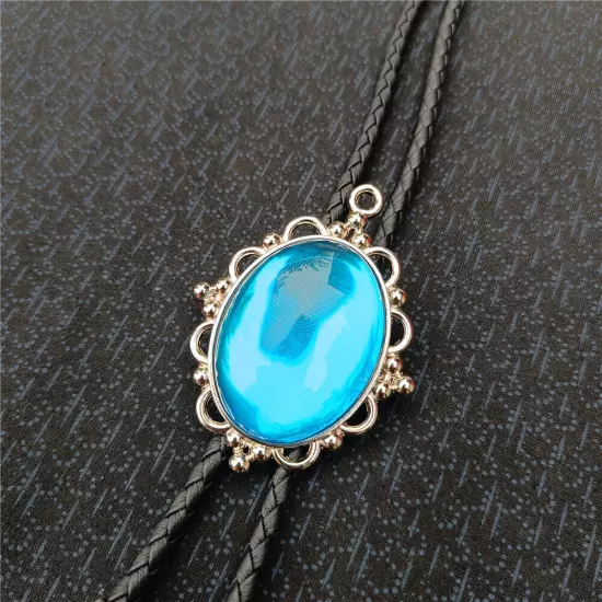 Vintage Men BOLO Tie Blue Gem Cabochon Necklace Wedding Alloy Western Cowboy