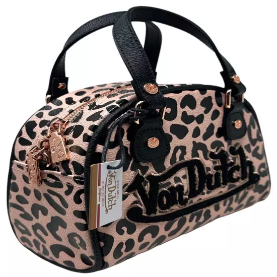 Von Dutch Women's Pink Black Cheetah Small Bowling Crossbody Hand Bag