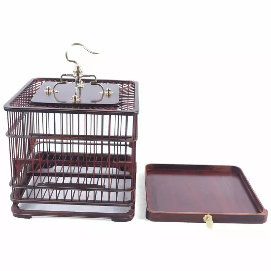 Asian Bird Cage Square Solid Wood Carved Chinese Bamboo Pet Nest Home W/ Drawer