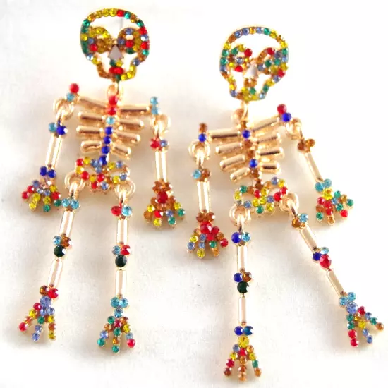 NEW BETSEY JOHNSON MULTICOLOR RHINESTONE SKELETON HALLOWEEN DROP DANGLE EARRINGS