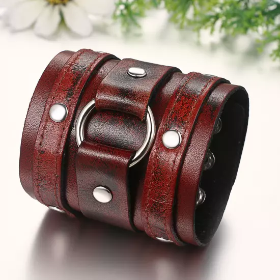 Men's Punk Rocker Biker Gothic Heavy Wide Leather Straps Wristband Cuff Bracelet