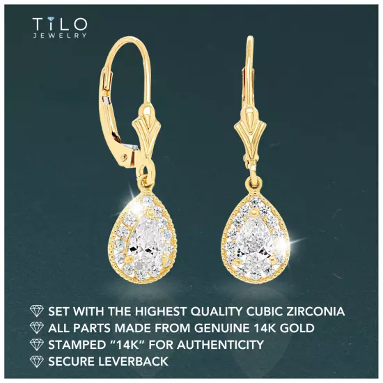 14K Real Solid Gold Pear-Cut Teardrop Halo CZ Dangle Drop Earrings Lever-back