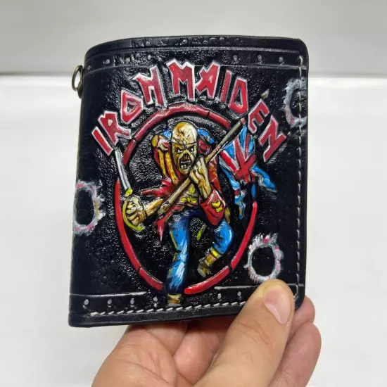 Iron Maiden Wallet, Skull With UK flag Wallet, 3D Genuine Leather Carving Wallet