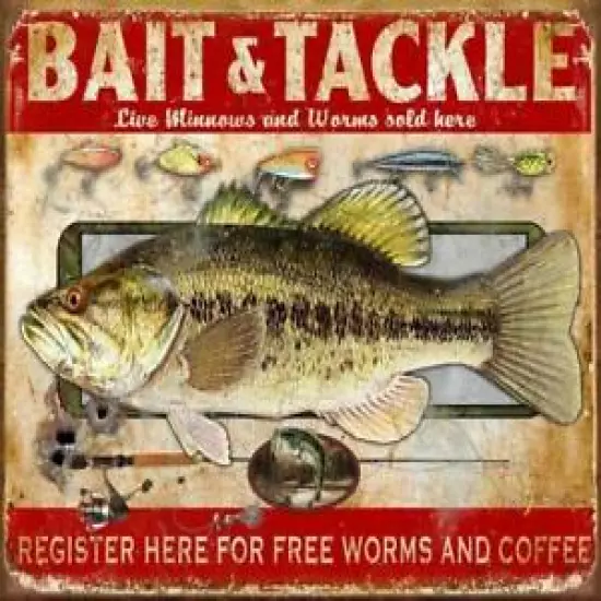 Bait & Tackle Free Worms & Coffee Fishing Tin Metal Sign Made In The USA