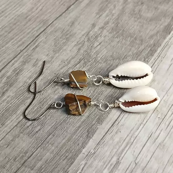 Raw Tigers Eye Crystal & Cowrie Shell Beaded Dangle Earrings, Gemstone