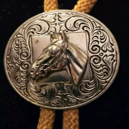 2 Vintage Western Hand Etched Bolo Ties - Hickok Horse Head and Saddle - NICE!