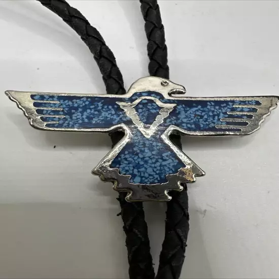 Vintage Bolo Tie Eagle With Crushed Turquoise Inlay Silver Tone Black Cord