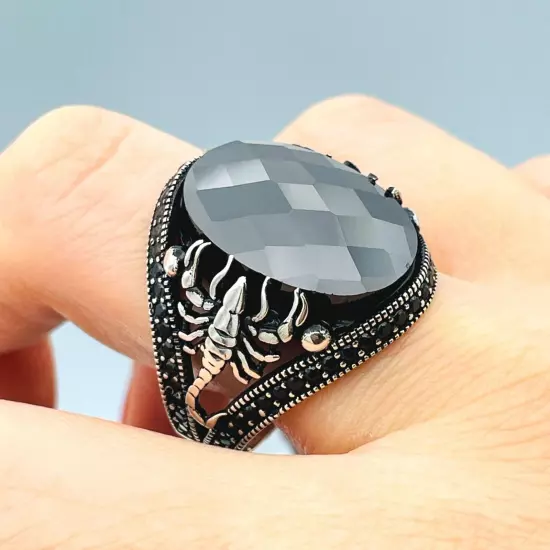 Scorpion Detailed Black Zircon Gemstone 925 Sterling Silver Men's Ring, All Size