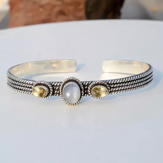 Moonstone, Citrine Topaz Gemstone Bracelet 925 Sterling Silver Man's Cuff Bangle