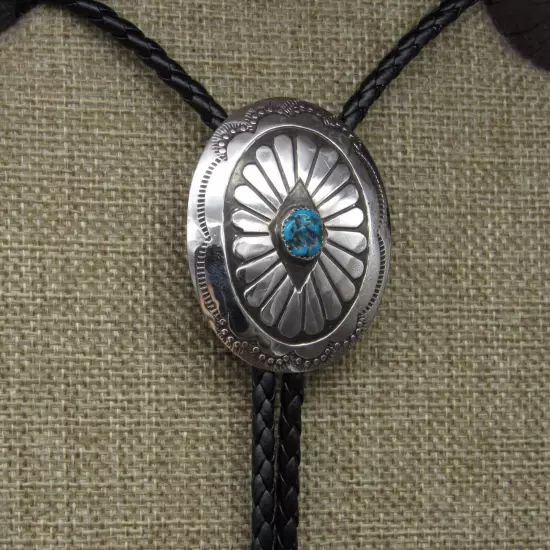 Southwestern Sterling Silver Oxidized And Stamped Turquoise Bolo Tie