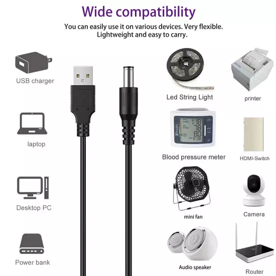 USB to DC 5V Power Cord, Universal DC 5.5X2.1Mm Plug Jack Charging Cabl