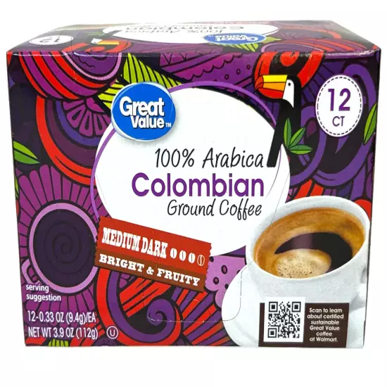 Great Value Colombian Medium Dark Roast Coffee K Cups 3.9 oz, 12 CT Box