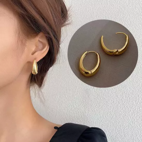 1Pair Geometric Ear Buckle Hoop Earrings Smooth Metal Round Circle Earrings