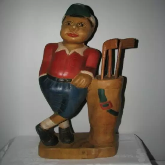 20" VINTAGE CARVED solid WOOD PAINTED GOLFER WITH GOLF BAG CLUBS FIGURINE