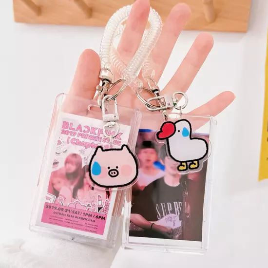 Cute ID Card Holder Bus Photo Case Badge Retractable Spring Lanyard w/ Keychain☆