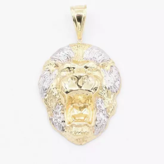 3" Roaring Lion Head Two-Tone Diamond Cut Pendant Real 10K Yellow White Gold