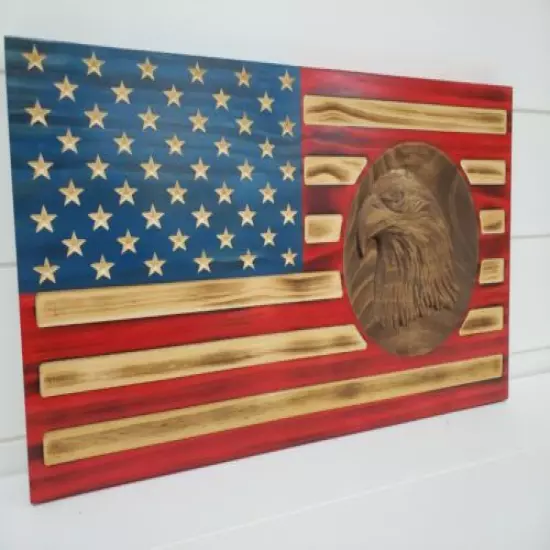 19" Rustic American Flag engraved 3D eagle gun storage safe concealment cabinet