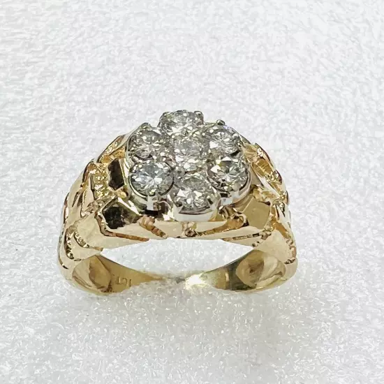 14K Solid Yellow Gold 1 TCW. Diamond Ring Nugget Mens Ring Size 10.5