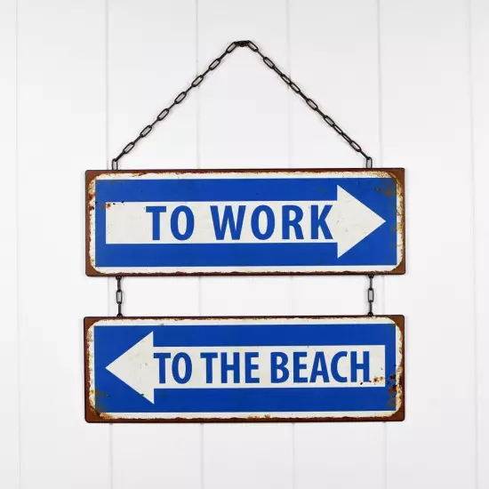 Metal To Work Beach Tin Arrow Sign Nautical Ocean Coastal Room Wall Home Decor