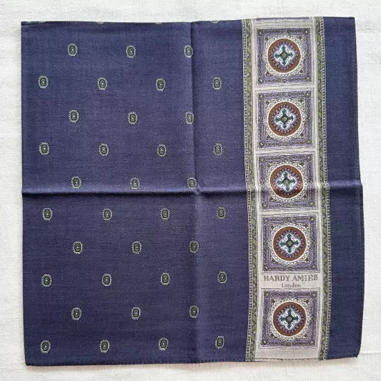 Hardy Amies London Handkerchief Vintage Blue Cotton Geometric Pocket Square 19"