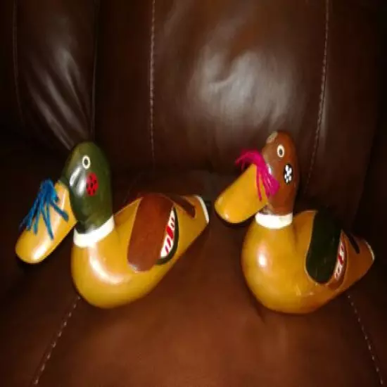 Vintage Pair of Folk Wooden Hand Carved,Hand Painted Mallard Duck Decoys