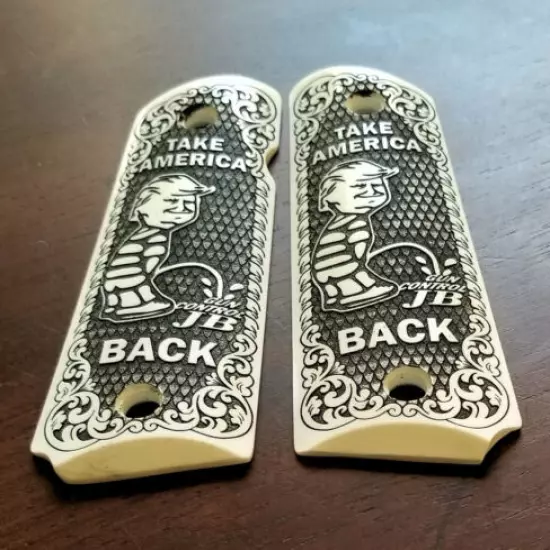 1911 custom 3D engraved imitation ivory scrimshaw grips scroll Trump patriotic