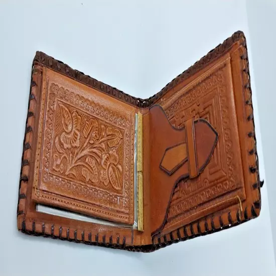 Vintage Bi Fold Wallet Made in Mexico Brown Genuine Leather 1970s Horse Pistol