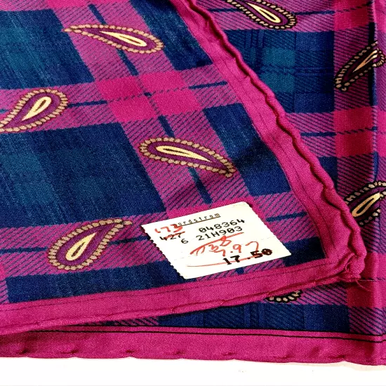 Ferrell Reed Silk Pocket Square Men's Pink Blue Plaid 16.5" Rolled Hems Italy