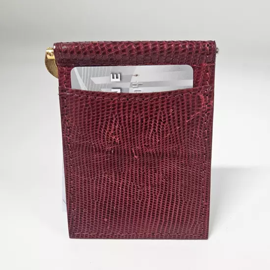 Cherry Red Genuine Lizard Nickel-Plated Clip Card Case Wallet MADE IN THE USA G