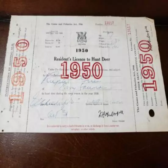 1950 Ontario Deer Hunting License + 2tags Lands & Forests Game Fisheries L&F MNR