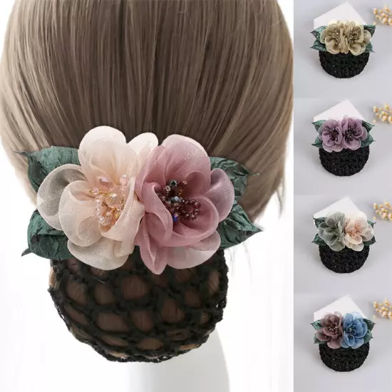 Women Ribbon Bow Hair Net Bun Snood With Bowknot Hair Cover Barrette Hair Clip