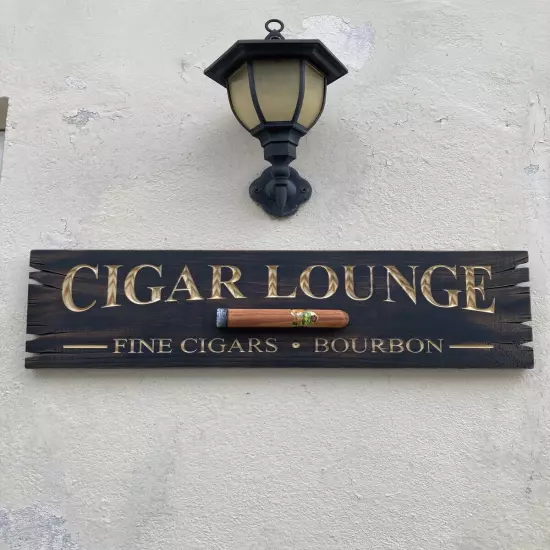 Cigar Lounge Whiskey Bar Bourbon Wood Sign Carved Rustic Tavern Antique Look