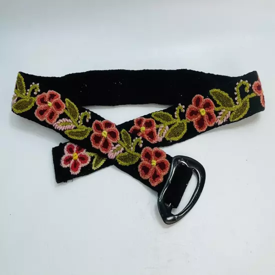 Embroidered Peru Wool BELT Black Floral Boho Hippie HORN BUCKLE Adjustable 44"