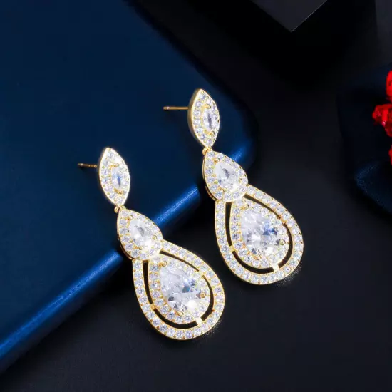 Elegant Rose Gold Plated Cubic Zirconia Dangle Drop Earrings Women Party Jewelry