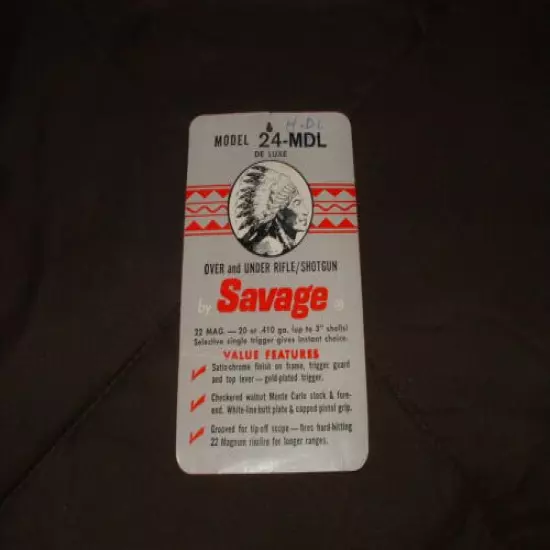 VINTAGE ORIGINAL SAVAGE MODEL 24-MDL ADVERTISEMENT SALE CARD! .22 WMR OVER UNDER