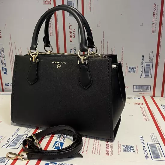 $298 Michael Kors MARILYN MD SATCHEL Handbag Black Saffiano Leather MK Purse Bag