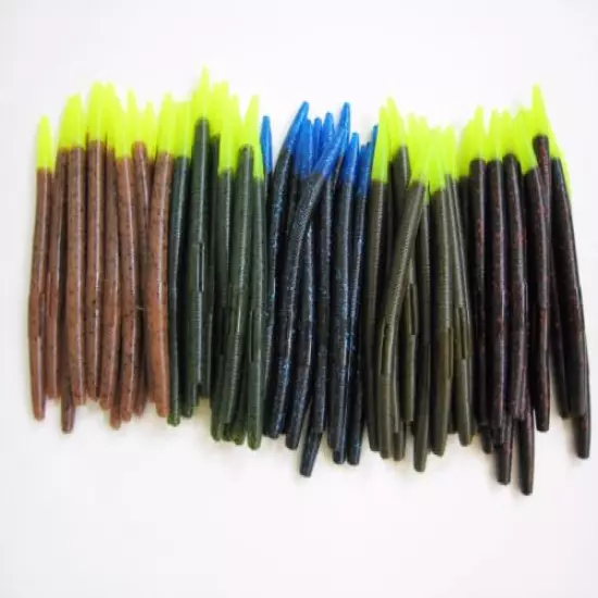 100 pk 5" Senko style Soft Plastic Bass Worms -5 Colors/20 EachFIRE TIP PACK-USA